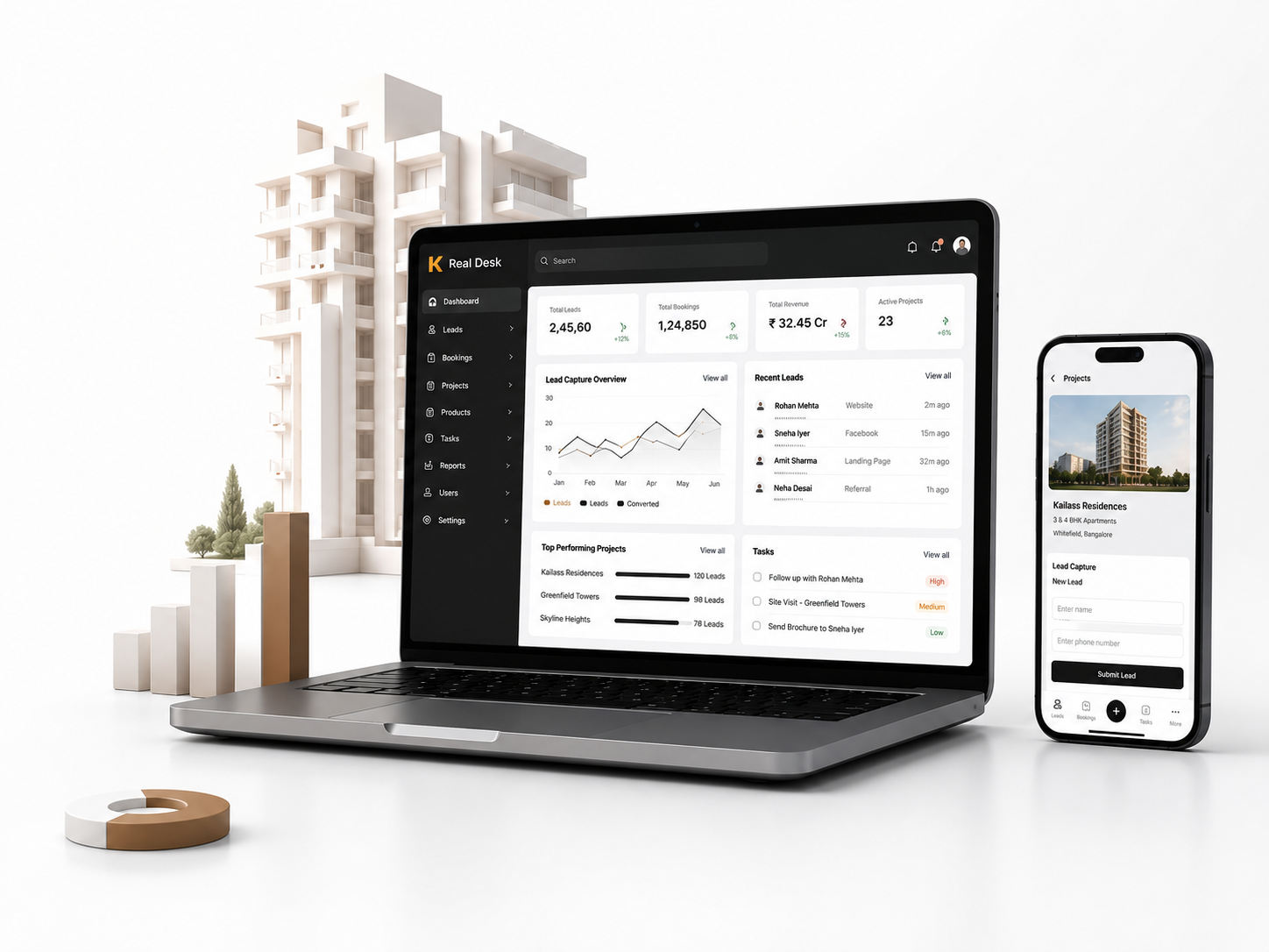 RealDesk dashboard on laptop with the mobile app and project renders